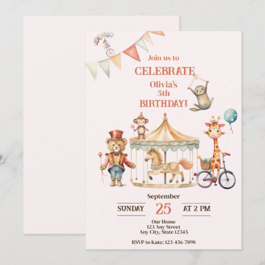 Circus Animal Birthday Uitnodiging (Voorkant / Achterkant)