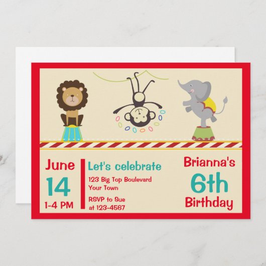 Circus Animals Birthday Kaart (Voorkant / Achterkant)