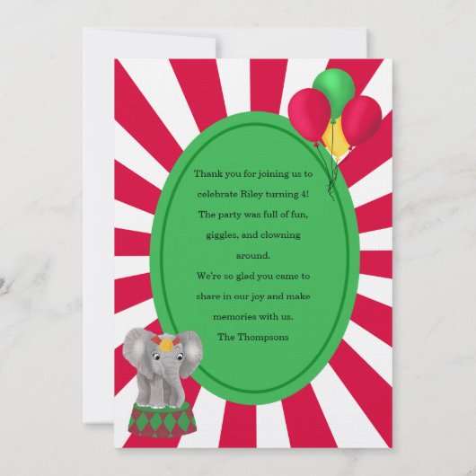 Circus Animaux Enfants Carte de remerciements plat (Dos)