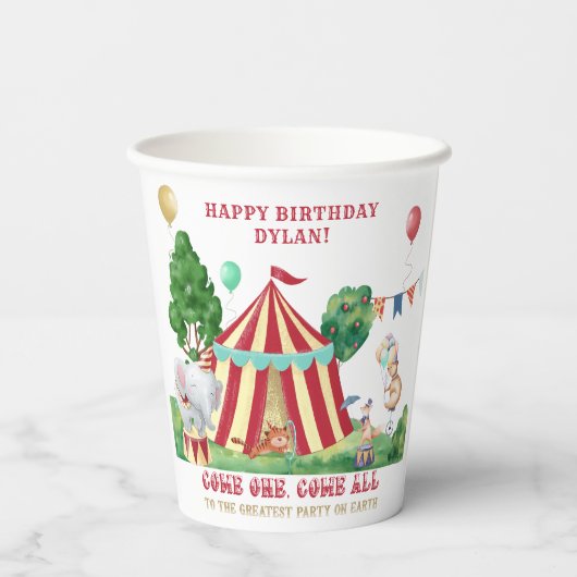 Circus Big Top en Carnival Animals - Gepersonalise Papieren Bekers (Achterkant)