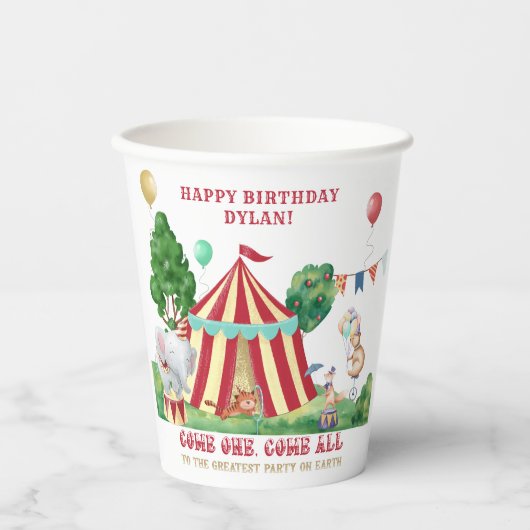 Circus Big Top en Carnival Animals - Gepersonalise Papieren Bekers (Voorkant)