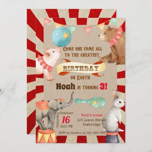 Circus Birthday Invitation, Circus Invitation (Devant / Derrière)