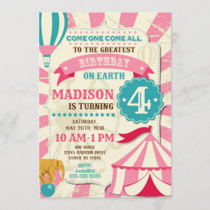 Circus Birthday Invitation Girl Carnival Invite Kaart