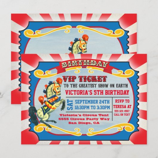 Circus Birthday Party VIP Ticket Kaart (Voorkant / Achterkant)