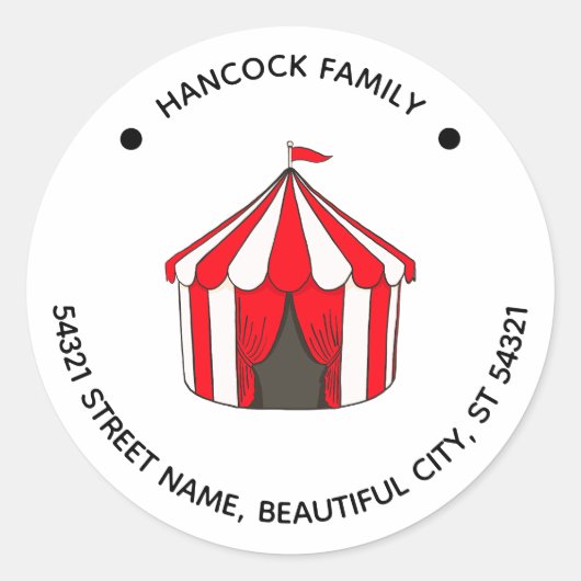 Circus Carnaval Big Top Rode Tent Kind Adreslabel Ronde Sticker (Voorkant)
