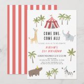 Circus carnaval Party Animals 1st Birthday Invitat Kaart (Voorkant / Achterkant)