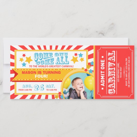 Circus carnaval verjaardagsuitnodiging ticket Jong Kaart (Voorkant)