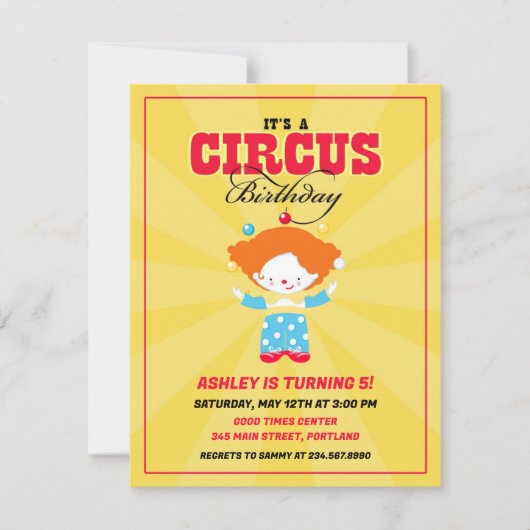Circus Carnival Birthday Party Invitation Kaart (Voorkant)