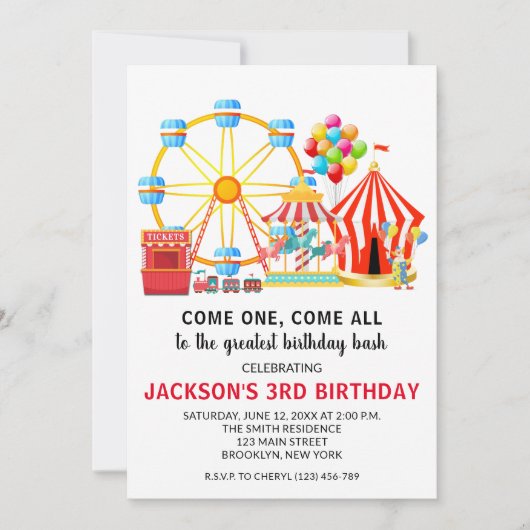Circus Carnival Birthday Party Invitation Kaart (Voorkant)