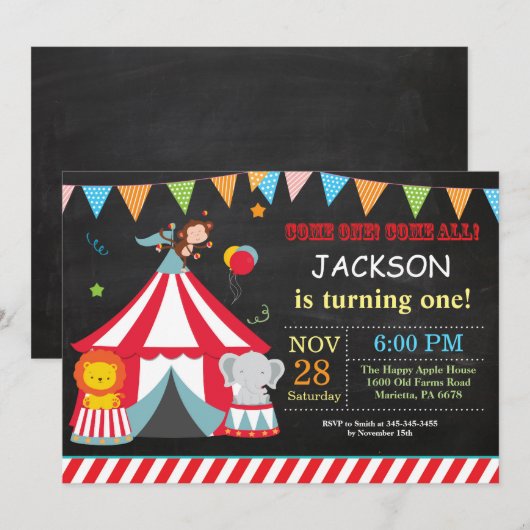 Circus Carnival Birthday Party Invitation Kaart (Voorkant / Achterkant)