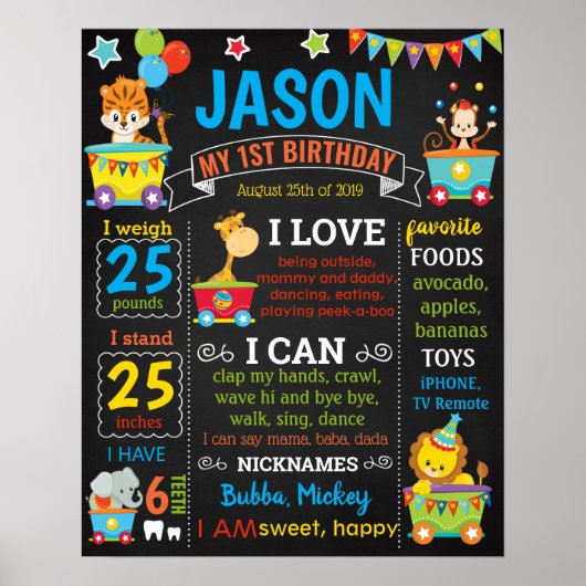 Circus Carnival First Birthday Chalkboard-teken Poster (Voorkant)