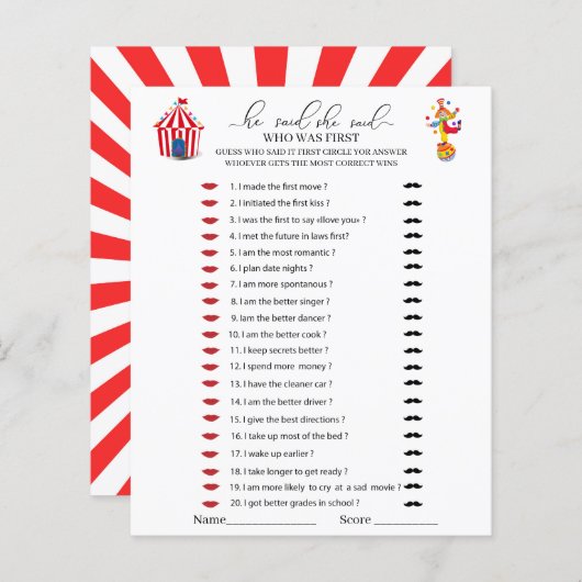 Circus Carnival Waterverf Hij zei dat ze spelletje (Voorkant / Achterkant)