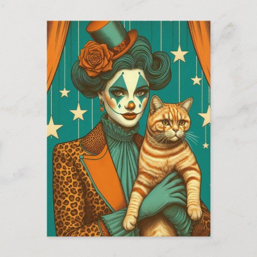 Circus Clown en een Ginger Kat Briefkaart (Voorkant)