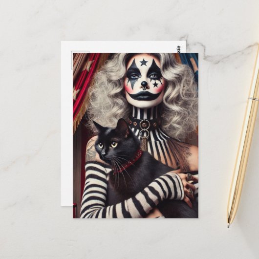 Circus Clown en een zwart Kat Briefkaart (Voorkant / Achterkant in situ)