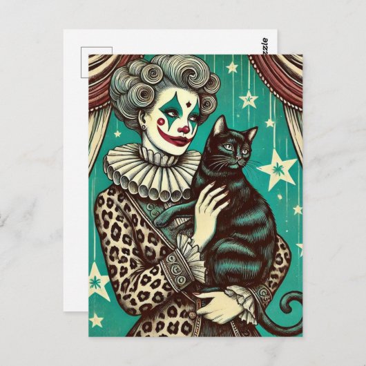 Circus Clown Vrouw en een zwarte kat Briefkaart (Voorkant / Achterkant)