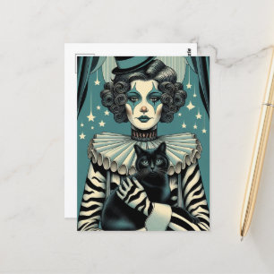 Circus Clown Vrouw en een zwarte kat Briefkaart