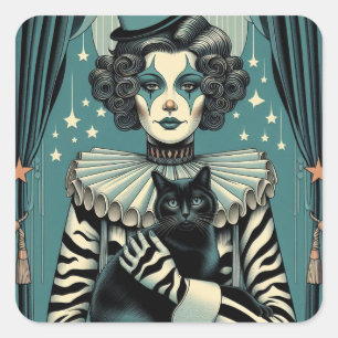 Circus Clown Vrouw en een zwarte kat Vierkante Sticker