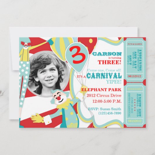 Circus Clowns Birthday Invitation A7-AQRD Kaart (Voorkant)