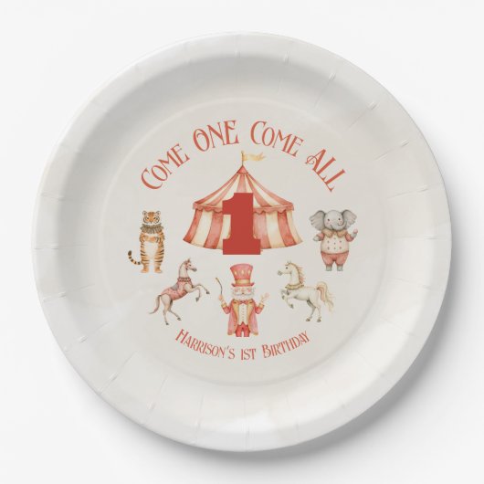 Circus dier eerste verjaardag papieren bordje (Voorkant)