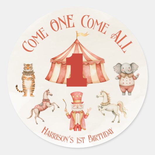 Circus dier eerste verjaardag ronde sticker (Voorkant)