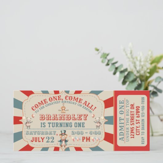 Circus Dieren Carnaval Ticket Verjaardag Uitnodigi (Staand voorkant)