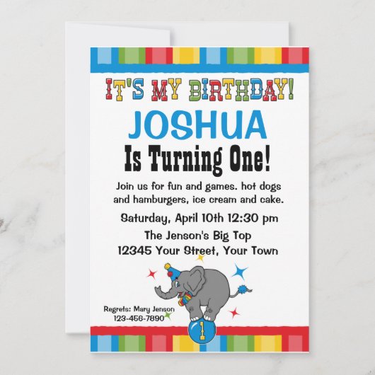 Circus Elephant 1st Birthday Custom Invitations Kaart (Voorkant)