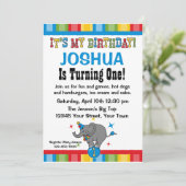 Circus Elephant 1st Birthday Custom Invitations Kaart (Staand voorkant)