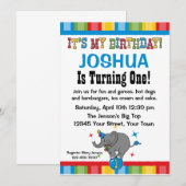 Circus Elephant 1st Birthday Custom Invitations Kaart (Voorkant / Achterkant)