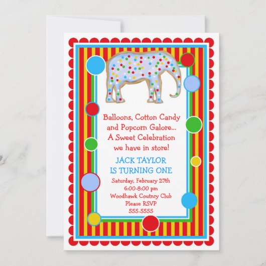 Circus Elephant Birthday Invitation - Primair Kaart (Voorkant)