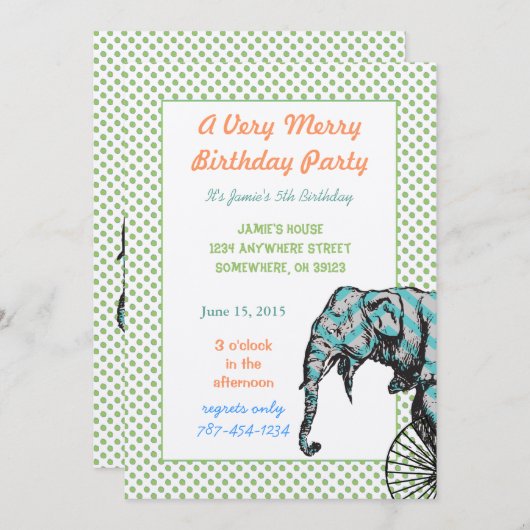 Circus Elephant Birthday Party nodigt groene Stipp Kaart (Voorkant / Achterkant)
