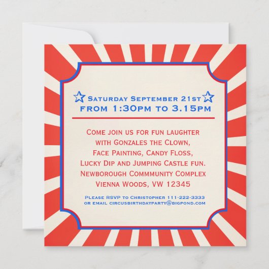 Circus fun fair 6e anniversaire invitation (Dos)