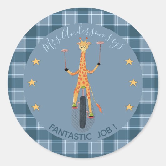 Circus Giraffe Leerling Beloning Blauw Sticker (Voorkant)