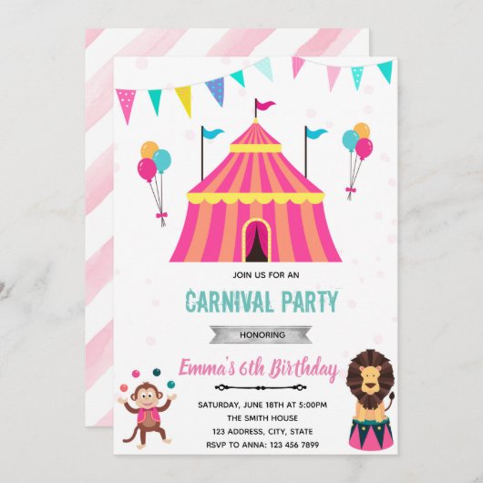 Circus kermis meisje feest verjaardagsuitnodiging kaart (Voorkant / Achterkant)