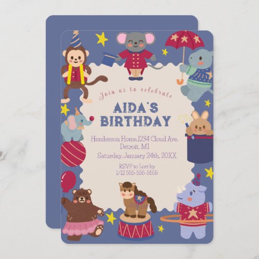 Circus Kinderen Verjaardag Uitnodiging (Voorkant / Achterkant)