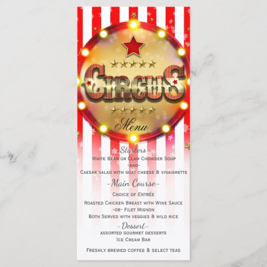 Circus Party Event Red White Gold Stried Menu (Devant)