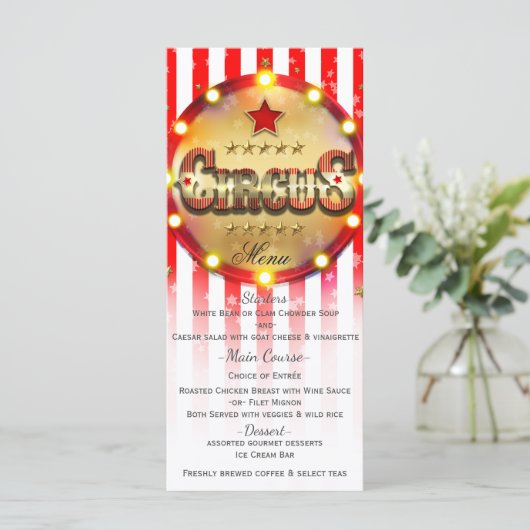 Circus Party Event Rood Wit Goud Gestreept Menu (Staand voorkant)