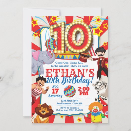 Circus Party Invitation for 10th Birthday Kaart (Voorkant)