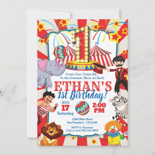 Circus Party Invitation for 1st Birthday Kaart (Voorkant)