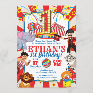 Circus Party Invitation for 1st Birthday Kaart