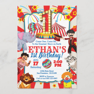 Circus Party Invitation for 1st Birthday Kaart