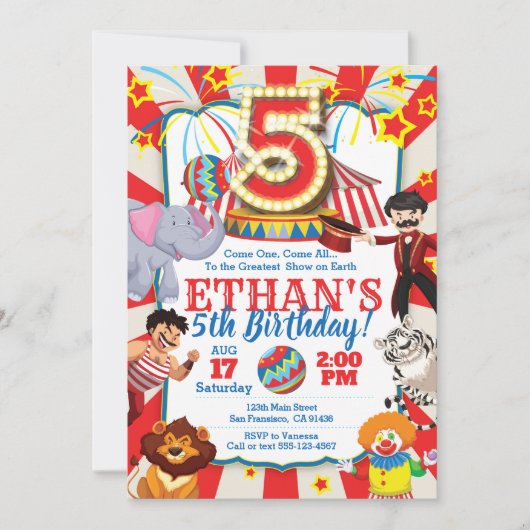 Circus Party Invitation for 5th Birthday Kaart (Voorkant)