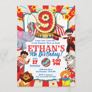Circus Party Invitation for 9th Birthday Kaart