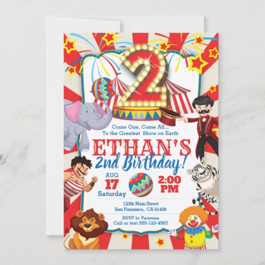 Circus Party Uitnodiging voor 2e verjaardag (Voorkant)