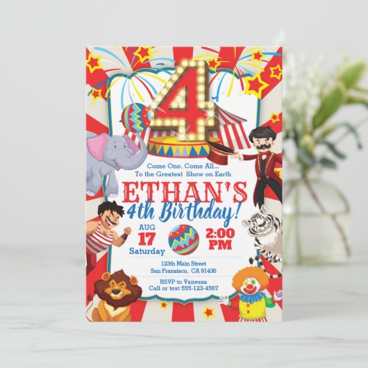 Circus Party Uitnodiging voor 4e verjaardag (Staand voorkant)