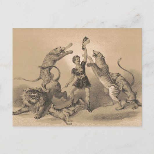 Circus performer staande tussen gemene dieren briefkaart (Voorkant)