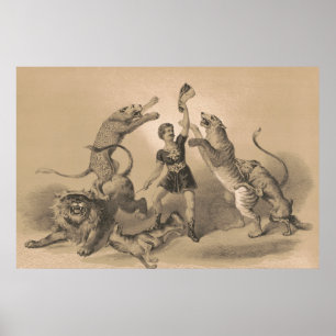 Circus performer staande tussen gemene dieren poster