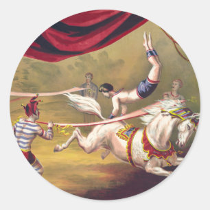 Circus poster met acrobaat die op paard presteert ronde sticker