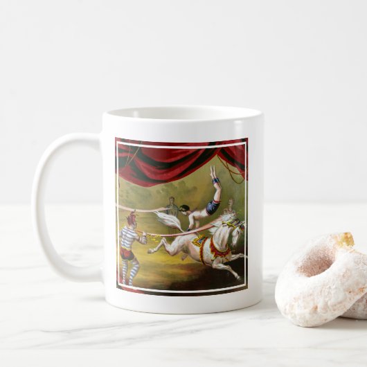 Circus Poster met Acrobat op paard. Koffiemok (Met donut)