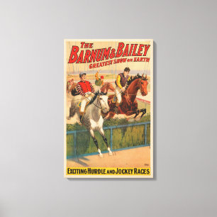 Circus Poster van jockeys op paarden springen een Canvas Afdruk