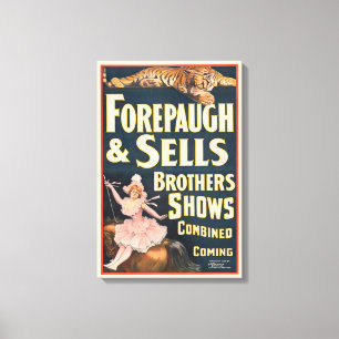 Circus Poster van tijger en vrouw te paard Canvas Afdruk